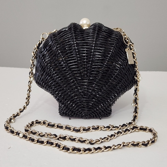 KATE SPADE SPLASH OUT WICKER STRAW CLAM SHELL CLUTCH EVENING FORMAL SHOULDER BAG - Picture 3 of 10